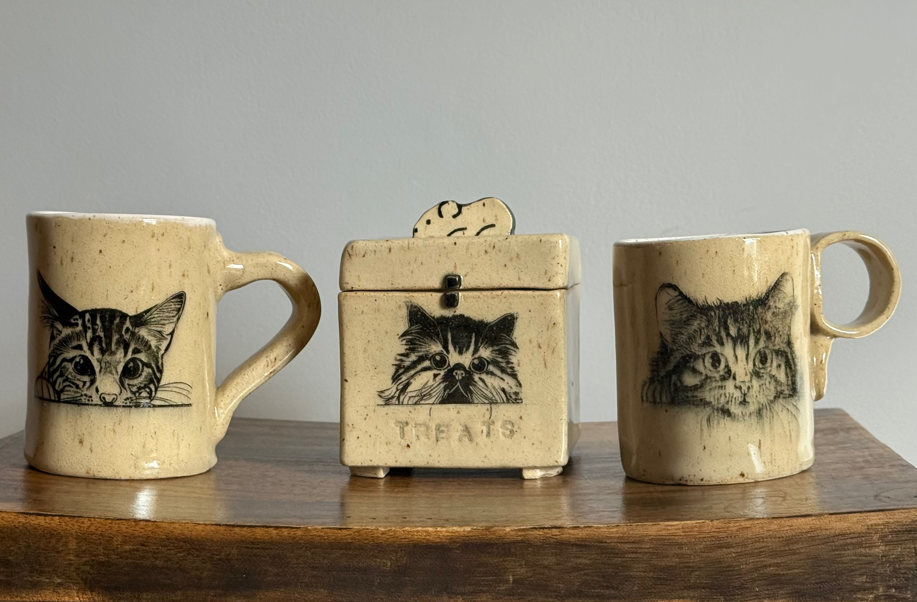 Cat mugs and treat box in speckled clay.